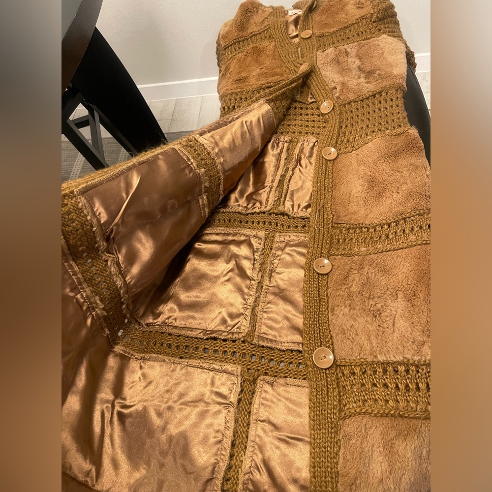 RARE Vintage Y2K Lili rose rabbit fur 100% wool knit patchwork boho belted coat - Picture 12 of 13